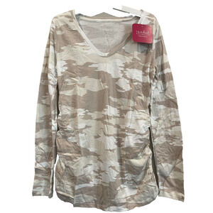 Isabel Maternity Small Shirt Tan Camo Print Long Sleeve Side Shirred 🌸NEW🌸Soft